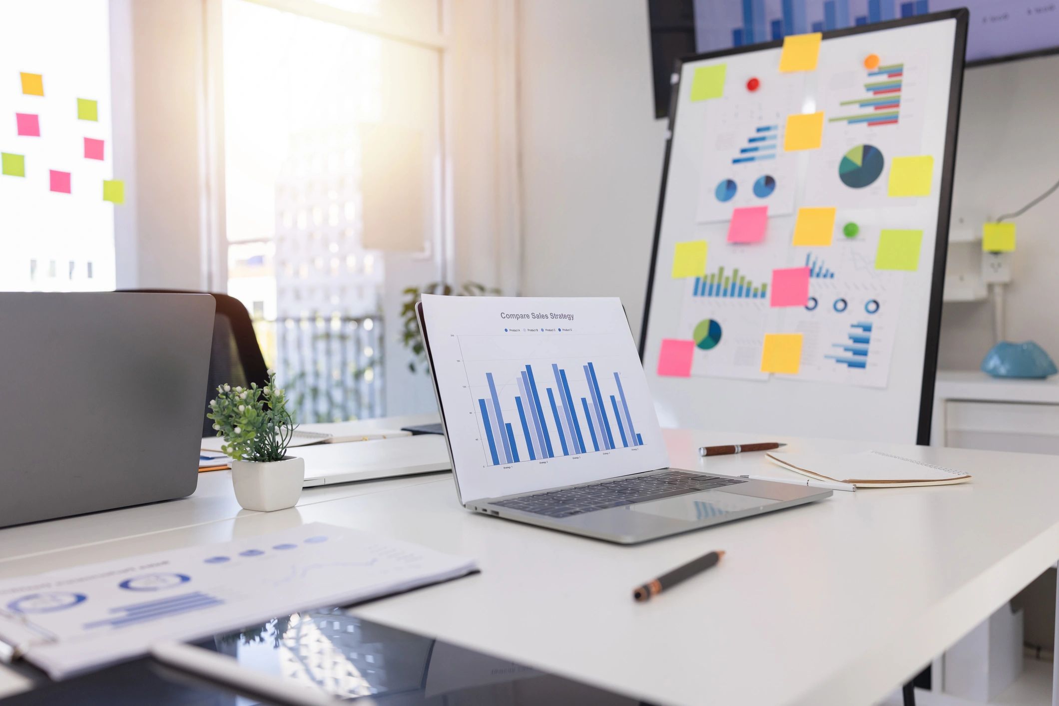 Laptop with dashboard analytics on a meeting table